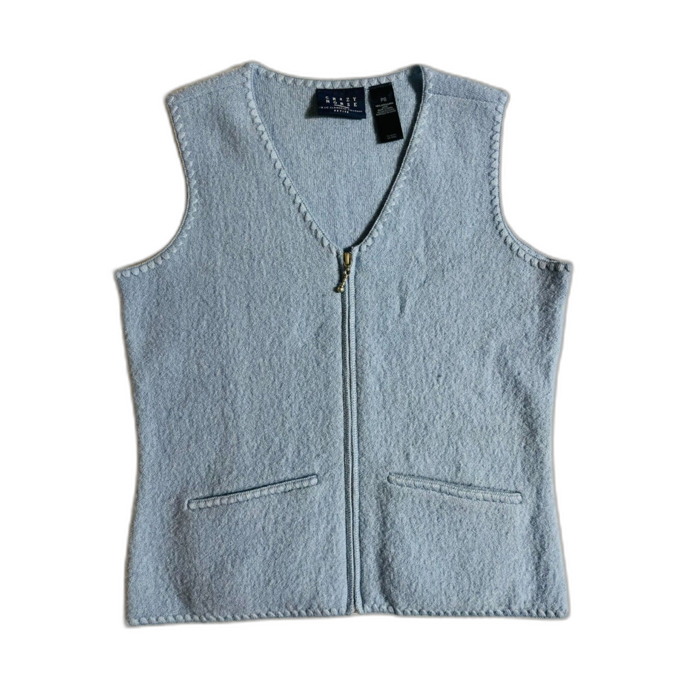 VTG Crazy Horse Zip Up Sweater Vest Gray Blue Wool Petite Small Liz Claiborne